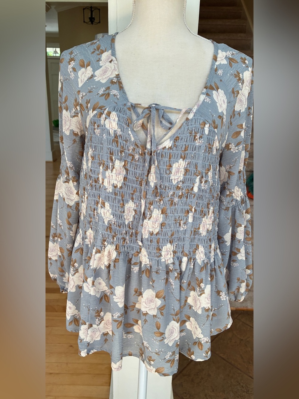 American Eagle Outfitters Dusty Blue Floral Smocked Blouse